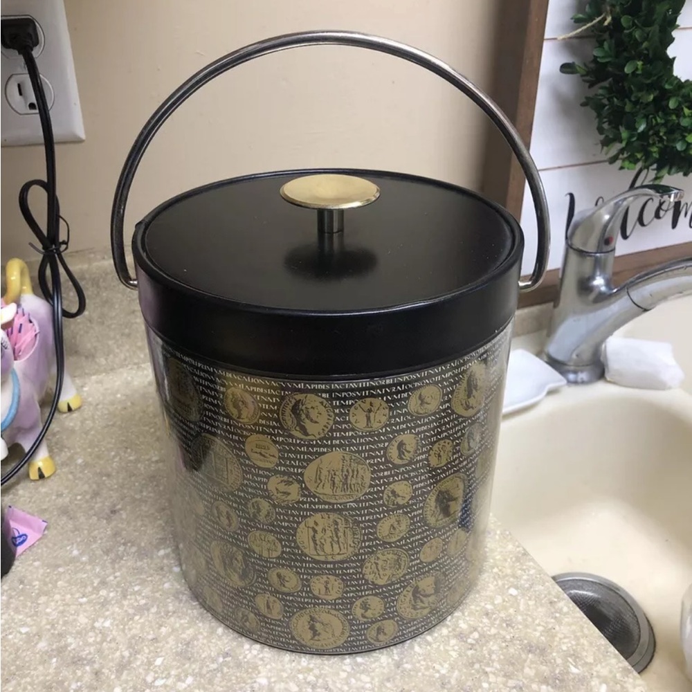 Thermo-Serve vintage ice bucket coins design black gold color theme bar ware